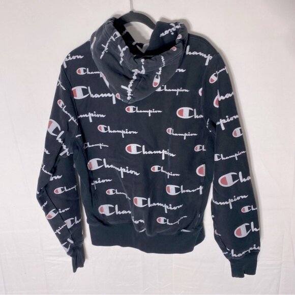 Vintage Champion Reverse Weave Black All Over Logo Print Hoodie M - Picture 2 of 16